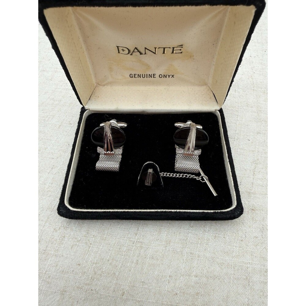 Vintage Dante Onyx Cufflinks Tie Tack Set Silver Tone Mesh Wrap w Box